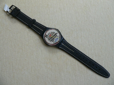 Big Enuff Swatch Watch Black leather band GB151BL